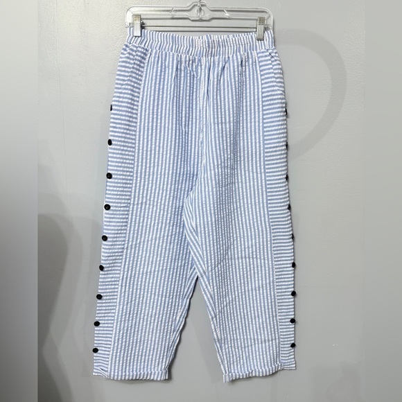 Pants - #12)  Striped Blue and White Pants with Button Accents